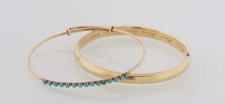 Two Vintage 14K Yellow Gold Bangle Bracelets, one a Mardi Gras memento, of hinged form, the interior engraved "From Your King The Mystic Club 1976," t