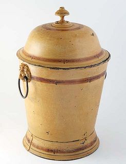 English Victorian Polychromed Tole Covered Coal Bin, late 19th c., the tapered sides with two relief lions' head ring handles, H.- 19 in., Dia.- 14 in