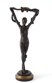 After Dimitri Chiparus (1886-1947), Art Deco dancer, cast iron, signed on the base Y. Labonte, on an integral stepped circular base, H.- 19 in., W.- 7