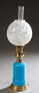 French Brass Mounted Blue Opaline Glass Oil Lamp, late 19th c., the brass top over a baluster dodecahedron glass base, on a stepped polished brass bas