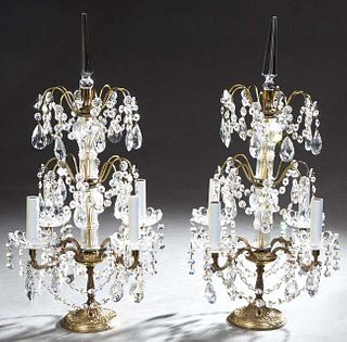 Pair of Four Light Brass and Crystal Girandole Lamps, 20th c., mounted with crystal prisms and prism chains, made by LaBardin Chandeliers, New Orleans