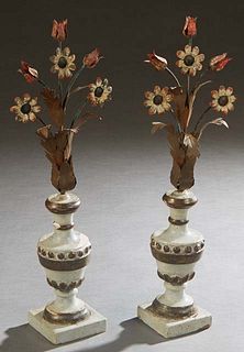 Pair of Italian Polychromed Gilt Wood and Iron Floral Garnitures, early 20th c., of baluster urn form issuing polychromed iron daisies, flowers and le