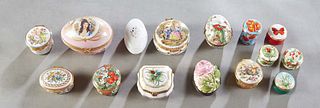 Group of Fifteen Porcelain Pill Boxes, 20th c., 9 from Halcyon Days, 3 Limoges, one Lefton, and 2 Rochard. (15 Pcs.) Provenance: British Antiques, Mag