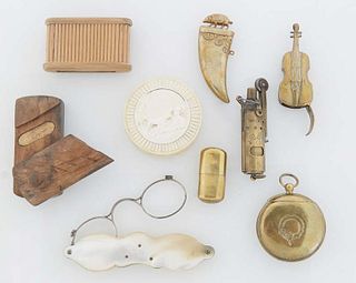 Group of Nine English Cabinet Items, 19th and 20th c., consisting of a Rolf brass cigarette lighter; a small brass match safe; a brass violin form mat