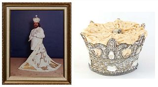 Mardi Gras Crown, 1988, from the King of Hermes, studded with many rhinestones, together with a photograph of the king in full costume, by Paul Palerm