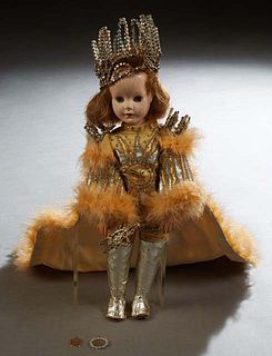 Mardi Gras- Unusual Mardi Gras "Princess" Bisque Doll, 20th c., with a rhinestone crown and scepter, an elaborate rhinestone, sequin and feather cape,