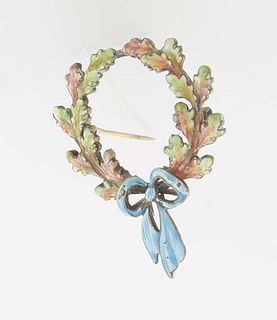 Mardi Gras Krewe Favor, 1916, Proteus, in the form of an enameled wreath and bow brooch, H.- 1 5/8 in., W.- 1 3/8 in.