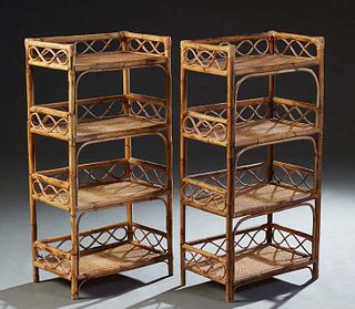 Pair of Bent Bamboo and Seagrass Bookcases, 20th c , with a pierced gallery on all four sides, from Pier One, labeled on the back, H.- 40 1/4 in., W.-