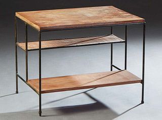 Paul McCobb, Iron and Birch Planner Group Side Table, by Winchendon, 1950s, with a birch top over a slatted bamboo upper shelf and a birch lower shelf