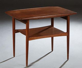 MM Moreddi Danish Modern Carved Teak Two Tier Side Table, mid 20th c., with a stamped mark on the underside, on tapered cylindrical legs, H.- 23 1/4 i