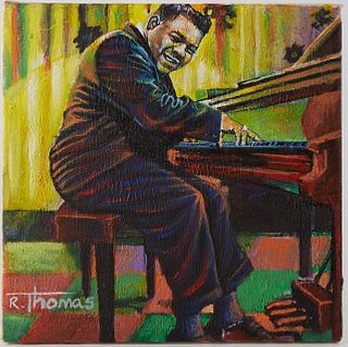 Richard Thomas (1953-, Louisiana), "Fats Domino," 20th c., oil on canvas, signed lower right, unframed, H.- 10 in., W.- 10 in.