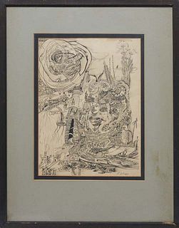 L. Johnson (American), "Abstract," 1962, pen and ink, signed and dated lower right, with E. L. Borenstein Collection paperwork attached en verso, pres