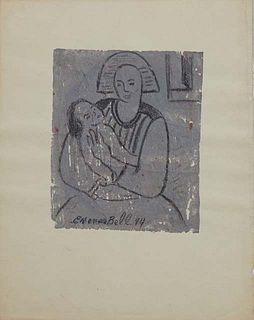 Emerson Bell (1932-2006, Louisiana), "Mother and Child," 1974, silkscreen and pastel on paper, signed and dated lower left, together with a signed car