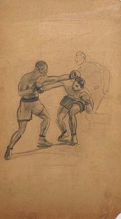 Knute (Sven August) Heldner (1886-1952, Swedish/Louisiana/Minnesota), "Men Boxing," early 20th c., pencil drawing on cardstock, unsigned, with a note 