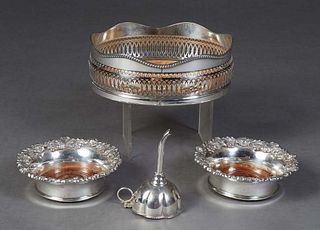 Gorham Silverplate and Mahogany Magnum Champagne Coaster, # 040, with a scalloped rim and reticulated sides; together with a pair of silverplate and m