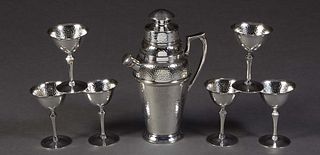 Seven Piece Silverplated Cocktail Set, c. 1925, consisting of a Bernard Rice Cocktail Shaker, and six Pairpoint silverplated cocktail stems, #01690, S