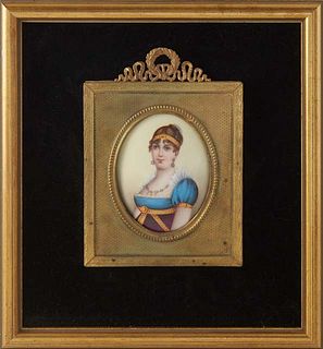 Miniature Oval Painted Porcelain Plaque, "Portrait of a Young Lady," 19th c., oil on porcelain, presented in a bronze frame mounted onto a black velve