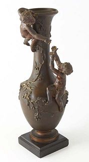 Henri Honore Ple (1853-1922, French), "Art Nouveau Baluster Vase, " c. 1900, patinated bronze, with relief branches and berries, and a relief putto on