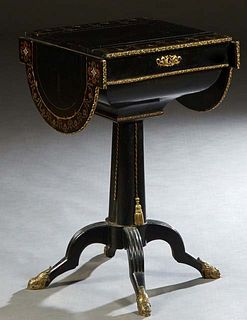 English Brass and Mother-of-Pearl Ormolu Mounted Inlaid Ebonized Drop Leaf Work Table, 19th c., the lifting lid over a lift out compartment tray, to f