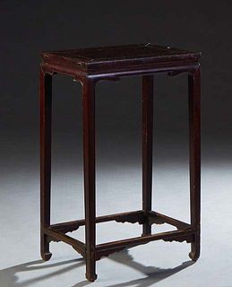Chinese Carved Mahogany Ming Style Side Table, 19th c., the rectangular top over a rounded bracketed skirt, on tall square legs joined by square stret