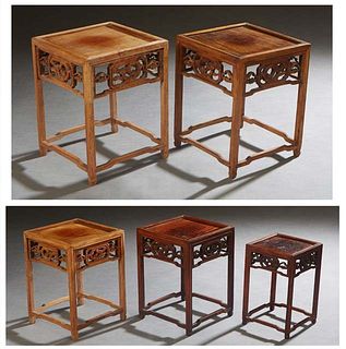 Group of Five Chinese Carved Hardwood Stands, early 20th c., with pierce carved skirts, on square legs joined by lower stretchers, Largest- H.- 11 1/2
