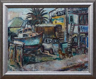 Abraham S. Weiner (1897 - 1982, California/Ukraine), "SWAP A to Z Shop," 1942, oil on canvas, signed and dated lower right, presented in a silvered fr