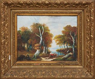 American School, "Pastoral Scene," early 20th c., oil on canvas, unsigned, presented in a gilt frame, H.- 10 1/2 in., W.- 13 3/4 in., Framed H.- 18 in