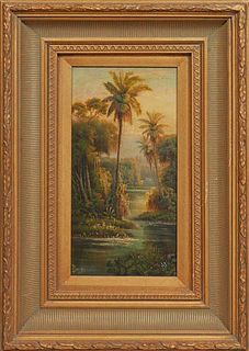 Richard Christopher Davis (1950-, Louisiana), " Swamp Scene with Palm Trees," 20th c., oil on canvas, signed lower left, with artist bio attached en v