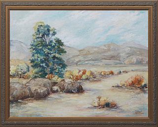 Tilford, "Desert Landscape," 20th c., oil on canvas board, signed lower right, presented in a gilt frame, H.- 21 1/4 in., W.- 27 1/2 in., Framed H.- 2
