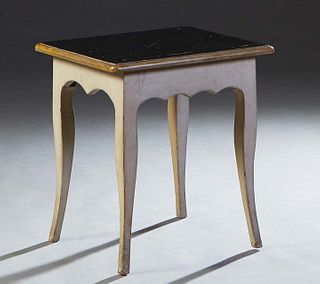 French Provincial Louis XV Style Polychromed Side Table, 20th c., from Geoffrey Bean, the rounded gilt edge stepped black top over a serpentine skirt,