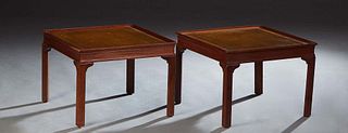 Pair of Chippendale Style Carved Mahogany Low Lamp Tables, 20th c., the galleried top with an inset gilt tooled green leather surface, on four chamfer