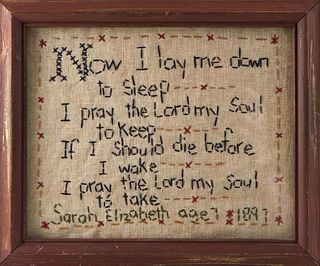 A Needlework Sampler, 1897, of a child's bedtime prayer, by "Sarah Elizabeth, Age 7," presented in a wood frame, H.- 8 in., W.- 9 1/2 in.