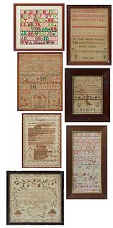 Group of Seven English Samplers, 19th c., by children, presented in wood frames, Largest- H.-16 1/2 in., W.- 12 in. (7 pcs.)