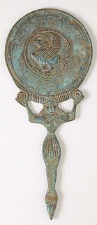 Ancient Egyptian Style Verdigris Bronze Hand Mirror, with incised and relief hieroglyphic decoration, with a caryatid form handle, H.- 9 1/2 in., W.- 
