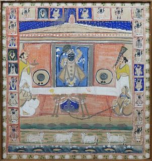 Indian Batik Pichwai, depecting Krishna in temple with worshippers, bordered by cows and gods, tempera painting on cloth, mounted to canvas, presented