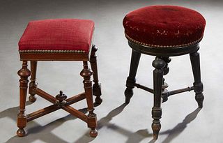 Two French Carved Beech Music Stools, late 19th c., one with a circular swiveling adjustable cushion on tripodal legs; the other with a square cushion