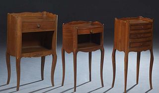 Group of Three Louis XV Style Carved Cherry Nightstands, 20th c., with 3/4 galleried tops, one with a bank of three drawers, two with a frieze drawer 