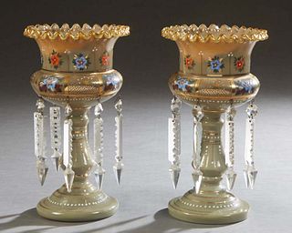 Pair of Enameled and Gilt Decorated Prism Hung Glass Lusters, 19th c., with scalloped tops over baluster sides, hung with button and spear prisms, on 