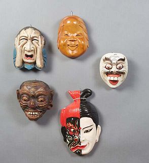 Group of Five Japanese Noh Masks, 20th c., four of wood and one of papier mache. (5 Pcs.)