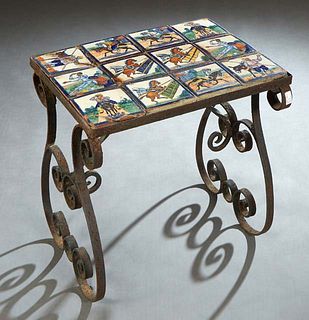 Spanish Wrought Iron Tile Top Garden Table, 20th c., with 12 square tiles depicting scenes from Don Quixote, H.- 24 1/2 in., W.- 23 in., D.- 17 3/8 in