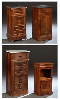 Group of Four French Louis Philippe Carved Walnut Nightstands, 19th c., one with an inset figured black canted corner marble over a frieze drawer, a p