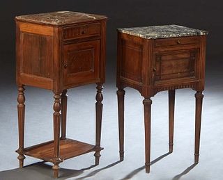 Two French Henri II Style Carved Walnut Marble Top Nightstands, late 19th c., one with an inset figured brown marble over a frieze drawer and a pot cu