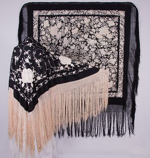 TWO BLACK & WHITE HAND EMBROIDERED CANTON SHAWLS, 1880-1890s