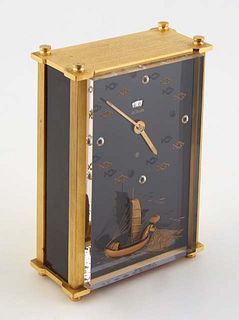 Jaeger LeCoultre Chinoiserie Musical Alarm Clock, model 2173, c. 1960, the black rectangular front with fish chapter marks above a relief chinese fish