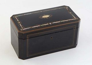 French Tahan Brass and Mother-of-Pearl Inlaid Mahogany Tea Caddy, 19th c., the arched lid over an interior with two double lidded tea compartments, si