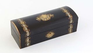 French Mother-of-Pearl and Brass Inlaid Ebonized Jewelry Box, 19th c., probably by Tahan, the arched lid over a fall front opening to a walnut interio