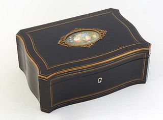 Tahan Brass Inlaid Ebonized Box, 19th c., the shaped serpentine domed lid with a central floral watercolor, opening to a beige silk lined interior, th