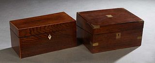 Two English Carved Mahogany Boxes, 19th c., one an inlaid tea caddy with two interior tea canisters flanking a space for a mixing bowl, with an inset 