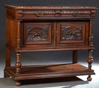 French Henri II Style Carved Walnut Marble Top Server, c. 1880, the inset highly figured brown marble over two convex frieze drawers, above setback cu