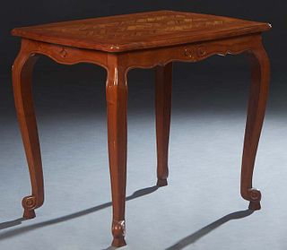 French Louis XV Style Inlaid Carved Cherry Side Table, 20th c., the inlaid stepped tortoise top over a scalloped skirt, on scrolled cabriole legs with